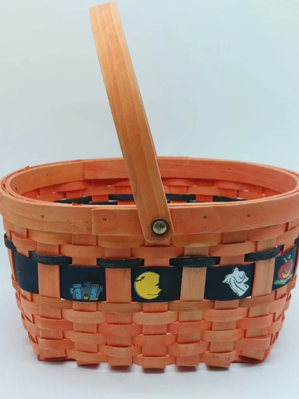 Halloween Basket Tan Brown Handle Black Ban Cat Ghost 5.5